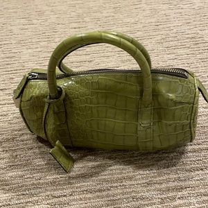 Small Club Monaco Green Snakeskin tote with lock and key detail